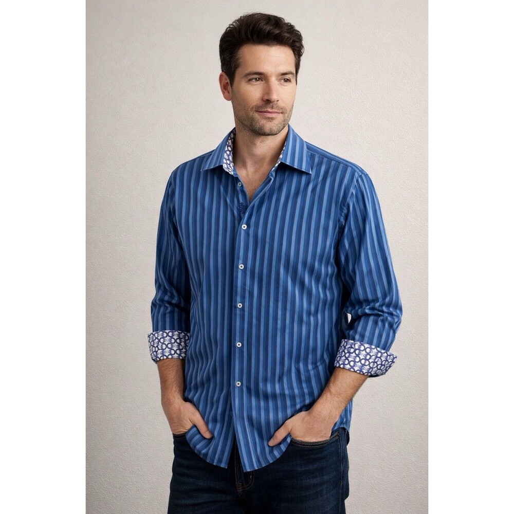 Robert Graham Men's Blue Stripe Long Sleeve Button Up Shirt Flip Cuff Size XL